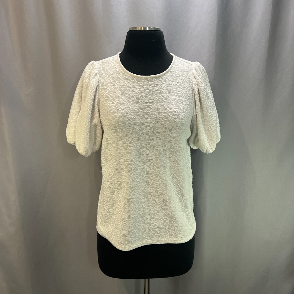 A New Day Textured Blouse Top Womens XS White Stretch Puff Sleeve Crew Neck